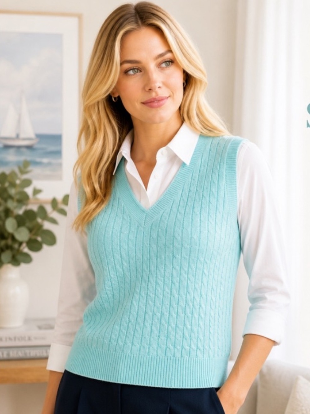LL Bean Women’s Cable Knit Pullover Sweater Vest V Neck Size XS Blue Vacation